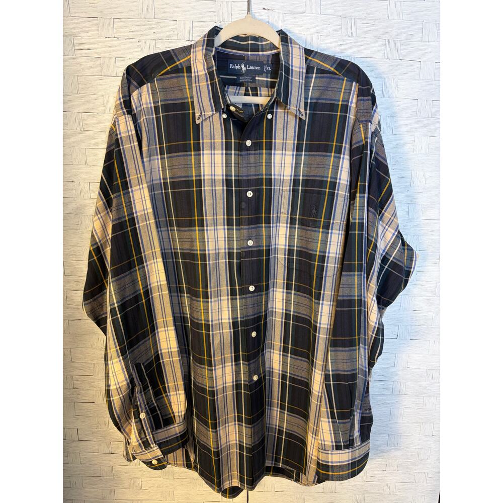 Ralph Lauren men's plaid button-down shirt blue green tan cotton big shirt